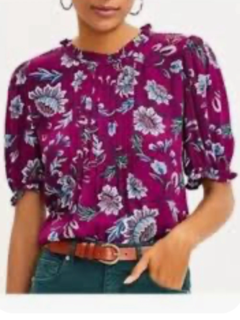 LOFT Garden Pintucked Floral Puff Sleeve Blouse